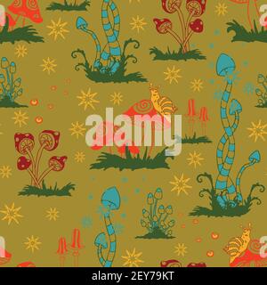 Motif vectoriel sans couture avec champignons sur fond vert jaune. Papier peint de forêt fantaisie. Magic paysage mode textile. Illustration de Vecteur