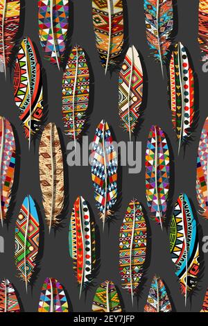 Plumes de couleur broderie motif vectoriel sans couture. Plumes décoratives broderie, modèle pour vêtements, textiles, t-shirt design, imprimé Illustration de Vecteur