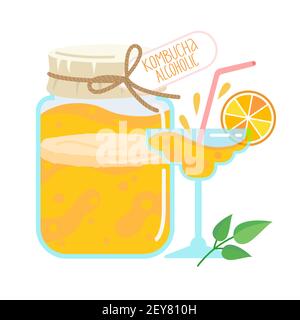 Kombucha alcoolique et cocktail avec une tranche d'agrumes servis dans un verre. Thé Kombucha dans un pot en verre. Boisson fermentée maison. Illustration vectorielle à plat Illustration de Vecteur