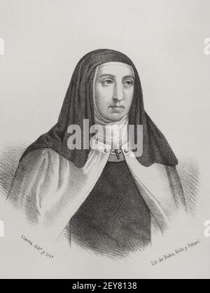 Teresa d'Avila (1515-1582). Réformateur religieux de l'ordre carmélite. Illustration de Llanta. Lithographie. Cronica General de España, Historia Ilustrada y Descriptiva de sus Provincias. Castilla-la Vieja, 1870. Banque D'Images