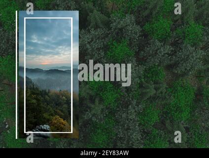 Illustration avec photo paysage de montagne sur forêt en arrière-plan Banque D'Images