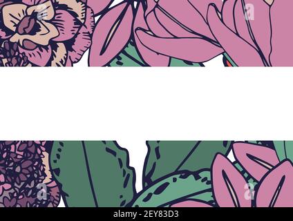 Illustration de fleurs roses et de feuilles vertes avec un espace de copie blanc entre Banque D'Images