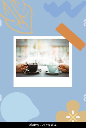 Illustration avec photo de deux personnes tenant des tasses à café avec éléments bruns sur fond bleu Banque D'Images