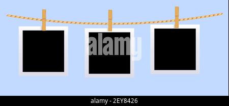 Maquette de jeu de photos noir carré vierge chassés sur une corde. Modèle vide réaliste pour collage avec épinglette sur cadre blanc. Illustration de Vecteur
