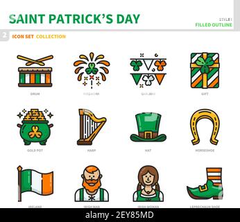 ensemble d'icônes de saint patrick, style de contour plein, vecteur et illustration Illustration de Vecteur