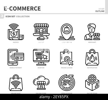 jeu d'icônes de commerce électronique et d'achat en ligne, style de contour, vecteur et illustration Illustration de Vecteur