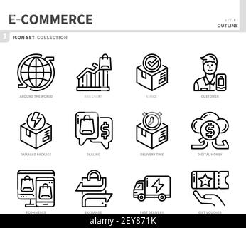 jeu d'icônes de commerce électronique et d'achat en ligne, style de contour, vecteur et illustration Illustration de Vecteur