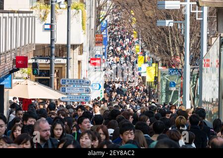 Une foule de gens descendent l'Omotesando Harajuku dimanche après-midi à Jingumae Shibuya Tokyo Japon. Banque D'Images