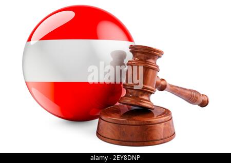 Droit autrichien et concept de justice. Gavel en bois avec drapeau de l'Autriche. Rendu 3D isolé sur fond blanc Banque D'Images