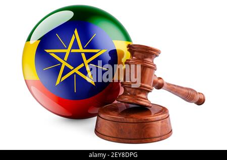 Droit éthiopien et concept de justice. Gavel en bois avec drapeau de l'Ethiopie. Rendu 3D isolé sur fond blanc Banque D'Images