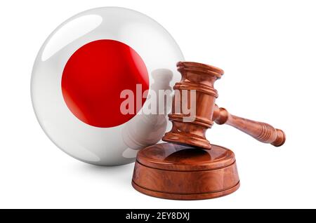 Droit japonais et concept de justice. Gavel en bois avec drapeau du Japon. Rendu 3D isolé sur fond blanc Banque D'Images