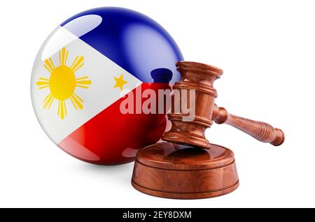 Philippines droit et justice concept. Gavel en bois avec drapeau des Philippines. Rendu 3D isolé sur fond blanc Banque D'Images