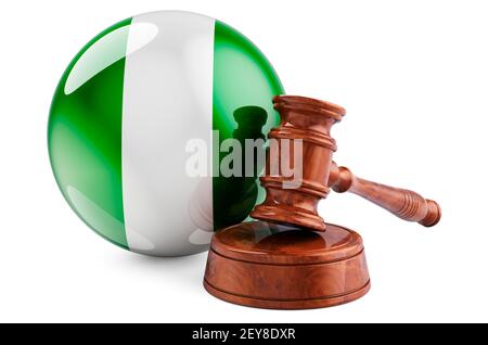 Droit nigérian et concept de justice. Gavel en bois avec drapeau du Nigeria. Rendu 3D isolé sur fond blanc Banque D'Images