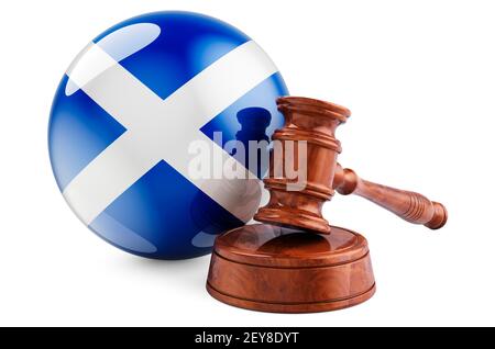 Droit écossais et concept de justice. Gavel en bois avec drapeau de l'Ecosse. Rendu 3D isolé sur fond blanc Banque D'Images