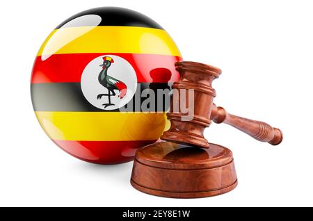 Droit ougandais et concept de justice. Gavel en bois avec drapeau de l'Ouganda. Rendu 3D isolé sur fond blanc Banque D'Images