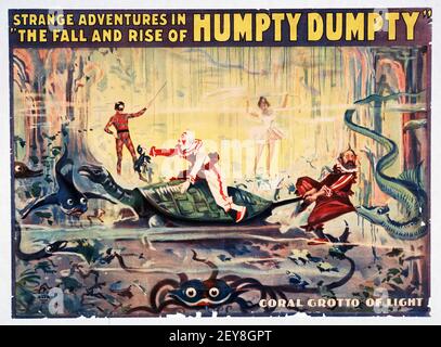 Étranges aventures dans 'l'automne et la montée de Humpty Dumpty" – affiche classique du spectacle, style ancien et vintage. Grotte de corail de lumière. Banque D'Images