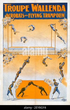 Troupe Wallenda. Acrobates et trampolin volant. Poster Classic Circus, style ancien et vintage. Banque D'Images