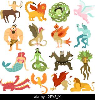 Créatures mythiques personnages colorés ensemble avec sirène pegasus centaure chimera illustration vectorielle isolée dragon cyclopes gorgon medusa Illustration de Vecteur