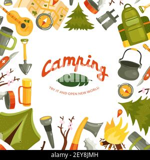 Équipement de camping en forêt avec boussole de chalumeau pour tente cartographier guitare couteau sur fond blanc illustration vectorielle plate Illustration de Vecteur