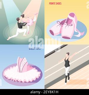 Ballet 2x2 design concept ensemble de danseur couple ballerinas entraînement à barre tutu et à pointe chaussures isométriques compositions illustration vectorielle Illustration de Vecteur