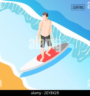 Sports aquatiques extrêmes fond isométrique avec homme sportif sain sur equilibrage des vacances d'été sur l'illustration vectorielle de surf Illustration de Vecteur