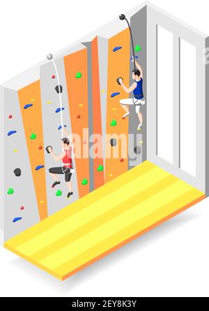 Concept de sports extrêmes avec deux personnages masculins grimpant sur l'entraînement mur d'escalade avec poignées et tient le vecteur isométrique illustration Illustration de Vecteur