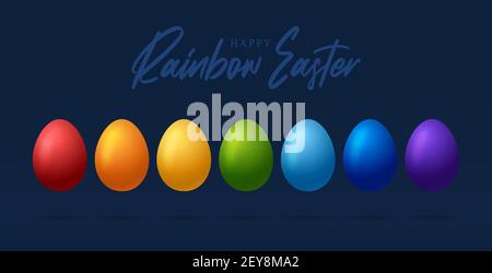 Carte de vœux de Pâques avec œufs de couleurs arc-en-ciel. Carte de vœux à motif joyeux Pâques, œufs colorés isolés sur fond bleu Illustration de Vecteur
