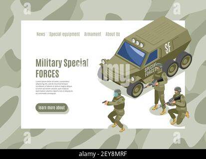 Page web isométrique des forces spéciales militaires avec interface de menu et véhicule de l'armée avec illustration vectorielle de soldats Illustration de Vecteur