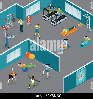 Composition isométrique de forme physique avec des gens faisant différents types de sport et entraînez-vous dans une salle de gym fermée illustration vectorielle Illustration de Vecteur