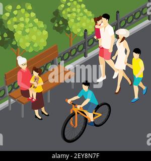 Famille été week-end vacances extérieur composition isométrique avec maman de marche illustration du vecteur de cyclisme père enfant et fils Illustration de Vecteur