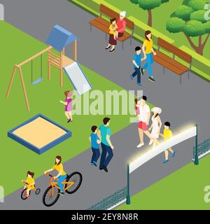 Week-end en famille, composition isométrique extérieure avec promenade au bord du terrain de jeu parc de la ville avec dessin vectoriel pour enfants en vélo Illustration de Vecteur