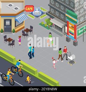 Famille avec un bébé et une petite fille qui passe devant un café illustration vectorielle isométrique de la rue piétonne du centre-ville Illustration de Vecteur