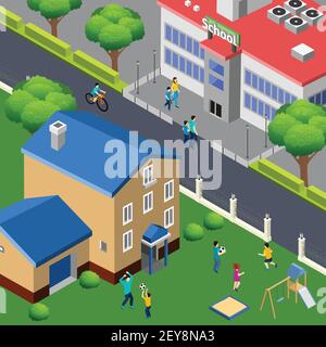 Activités familiales en plein air composition isométrique avec enfants jouant en ville pelouse de maison avec l'école de l'autre côté de la rue illustration de vecteur Illustration de Vecteur