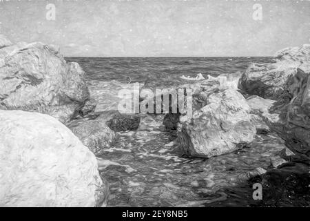 Les vagues se brisent sur une plage de sable. Grèce. Peinture numérique. Banque D'Images