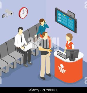Composition isométrique de banque avec vue sur la salle d'attente avec billet illustration vectorielle des personnes et du support de réception de la carte système Illustration de Vecteur