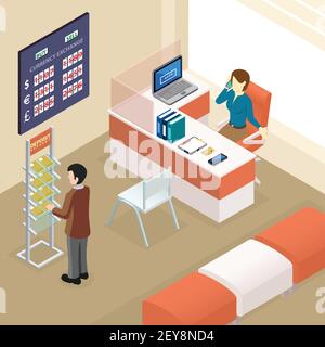 Composition isométrique de banque avec vue sur la salle d'attente dans local succursale de banque avec illustration vectorielle de personnes et de meubles Illustration de Vecteur