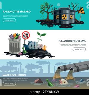 Problèmes écologiques 3 bannières horizontales plates web page design avec illustration du vecteur de pollution de l'air et des eaux usées dangereuses Illustration de Vecteur