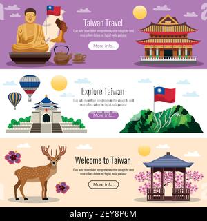 Taiwan Voyage 3 bannières horizontales plates de site Web avec des boutons pour culture nature traditions attractions info vecteur illustration Illustration de Vecteur