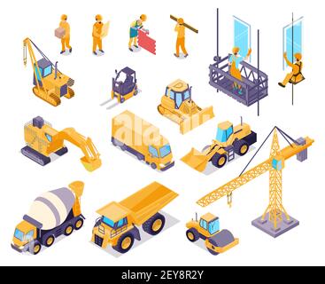 Icônes isométriques de construction définies avec des ouvriers et divers équipements pour bâtiment de maison isolé sur fond blanc illustration de vecteur 3d Illustration de Vecteur