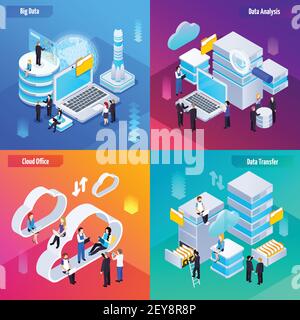 Concept de la technologie d'analyse Big Data 4 compositions isométriques icônes avec illustration vectorielle des symboles de l'analyse de transfert du cloud office Illustration de Vecteur