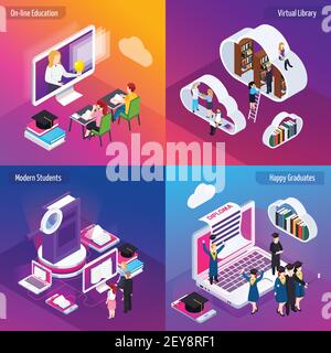 Enseignement à distance 4 compositions isométriques phosphorescentes avec e-learning virtuel bibliothèque couleurs vives illustration vectorielle d'arrière-plan Illustration de Vecteur