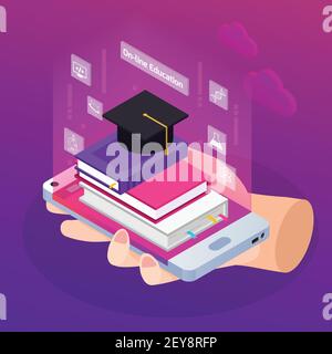 Enseignement à distance e-learning diplômes de publicité brillent la composition isométrique avec des manuels illustration vectorielle à la main sur smartphone Illustration de Vecteur