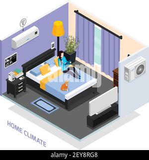 Système de climatisation à distance à domicile composition isométrique avec chambre à coucher illustration du vecteur de climatisation de la station météorologique intérieure Illustration de Vecteur