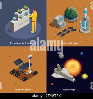 Mars colonisation 2x2 concept ensemble de space Flight rover explorer expériences de recherche base habitable compositions isométriques illustration vectorielle Illustration de Vecteur