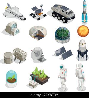 Colonisation de Mars ensemble isométrique d'astronautes dans l'explorateur de Rover d'espace illustration vectorielle des éléments du panneau solaire satellite de fusée spatiale Illustration de Vecteur