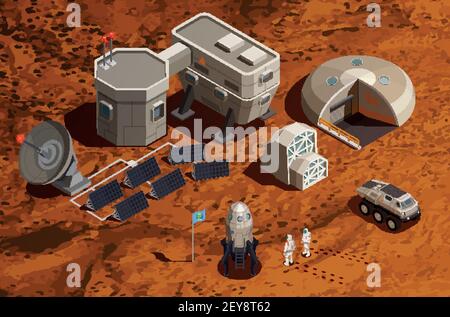 Mars colonisation isométrique de fond avec l'équipement pour la recherche scientifique et illustration vectorielle des navires spatiaux de communication et des astronautes Illustration de Vecteur