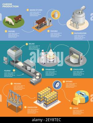 Production de fromage Présentation infographique isométrique avec onze phases de fromage illustration de la préparation à partir d'un vecteur de lait cru Illustration de Vecteur