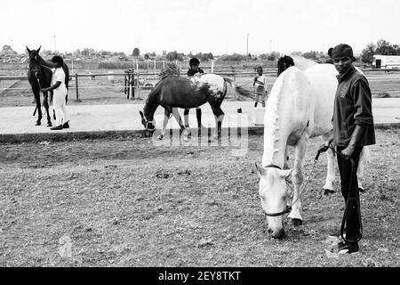 JOHANNESBURG, AFRIQUE DU SUD - 06 janvier 2021: Soweto, Afrique du Sud - 16 avril 2012: Jeunes enfants africains tenant les règnes d'un cheval Banque D'Images