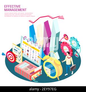 Concept de gestion efficace composition isométrique objectifs opérationnels et processus de travail optimisation avec illustration vectorielle des éléments graphiques Illustration de Vecteur