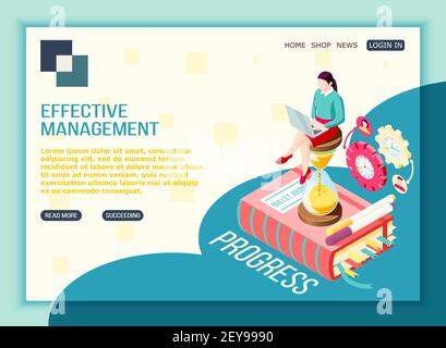 Concept de gestion efficace page de renvoi isométrique avec texte modifiable cliquable boutons icônes de pictogrammes et illustration vectorielle d'images conceptuelles Illustration de Vecteur